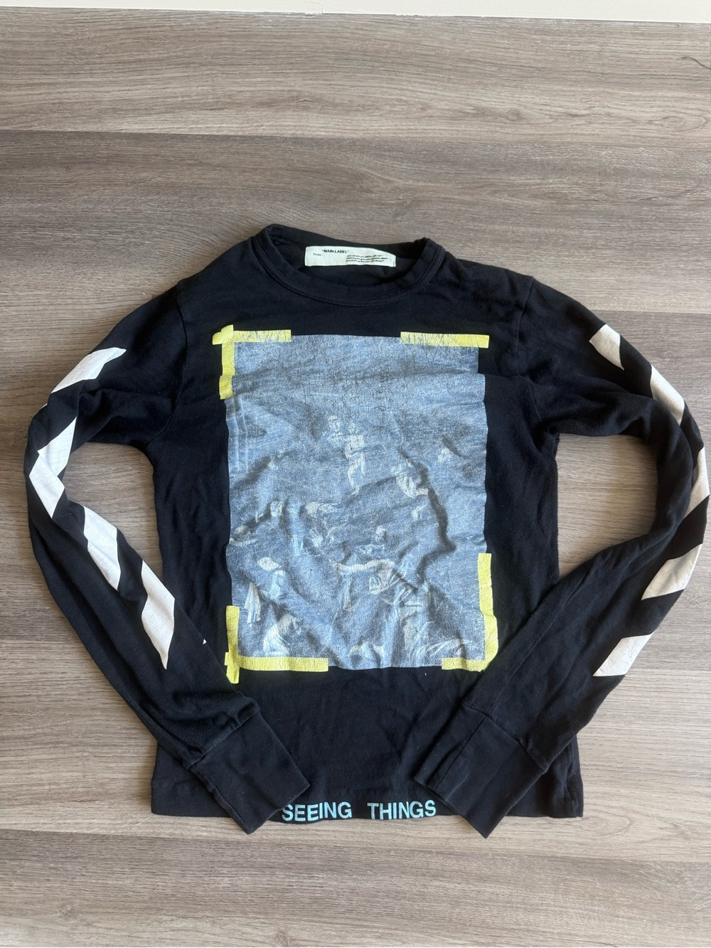 Off-White Black Long Sleeve Tee with Yellow Tape and White Sleeve Stripes